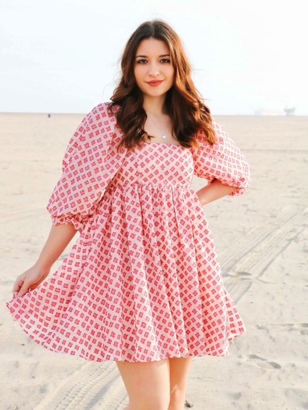 Storia Womens M Pink Red Floral Puff Sleeve Coquette Babydoll Mini Lined Dress
